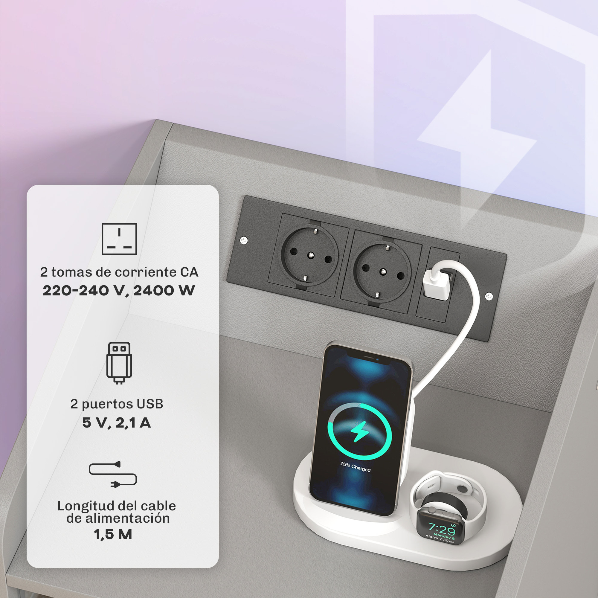 Mesita de Noche con Estación de Carga y Luz LED RGB, Mesilla de Noche Dormitorio con Cajón, Estante Abierto, Puertos USB y Control Remoto, para Salón, Estudio, 40x40x58 cm, Gris