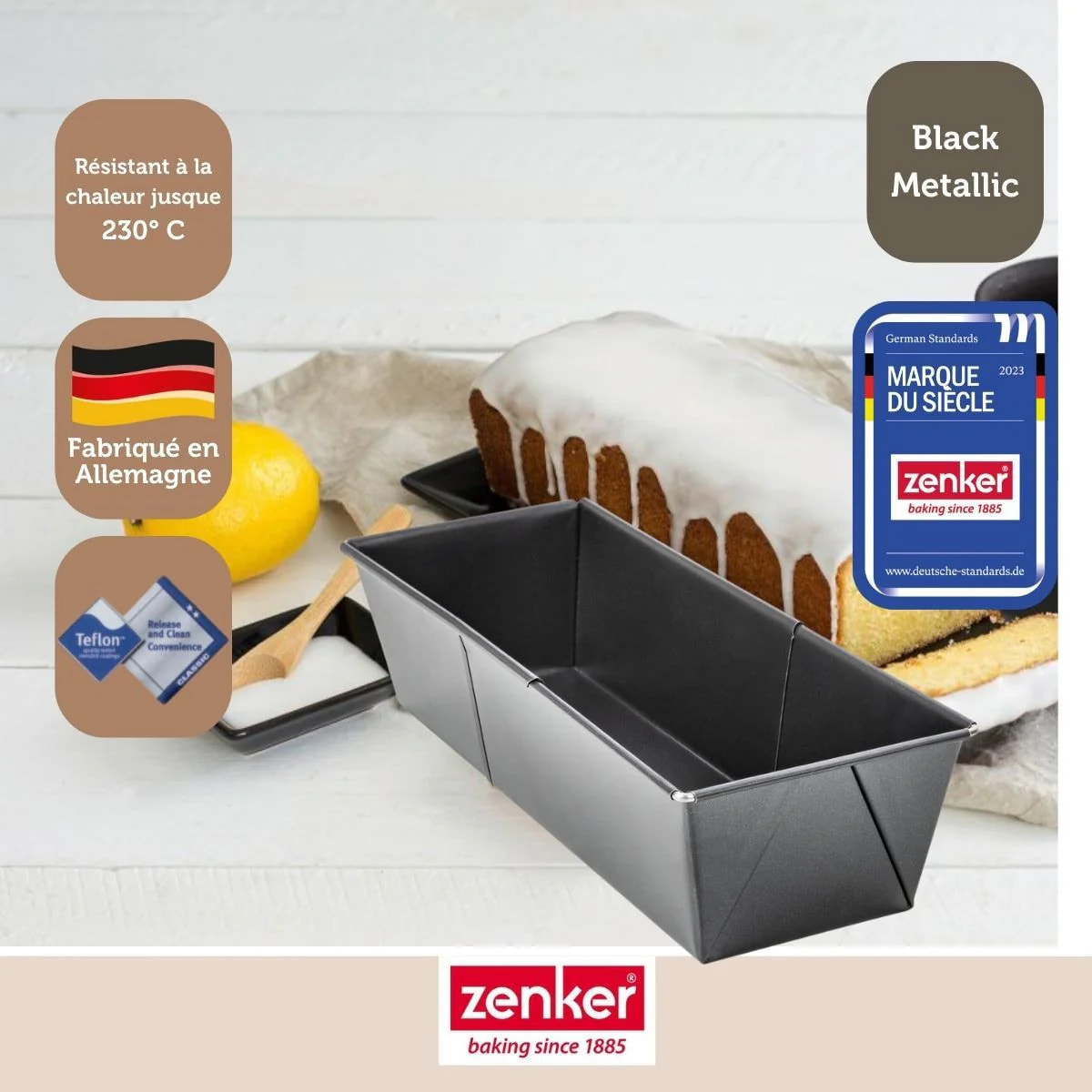 Lot avec 1 moule à cake de 20 à 35 cm, 1 spatule Zenker et 2 bols à mixer en inox Fackelmann