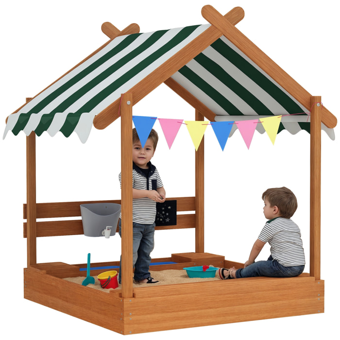 Arenero para Niños de Madera, Arenero Infantil en Forma de Casa con 2 Asientos, Toldo, 6 Banderines, 2 Bandejas Extraíbles, Grifo y Pizarra, para Patio, Jardín, 124x116x146 cm, Naranja
