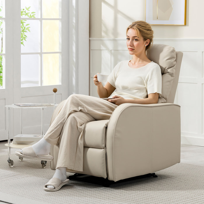 Sillón Relax Reclinable Manual, Sillón Relax Tapizado en PU con Reposapiés Retráctil, Acolchado Grueso, Butaca Reclinable hasta 160º, para Salón, Dormitorio, Crema