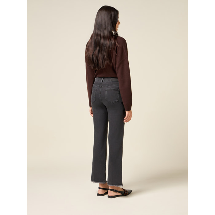 Oltre - Jeans cropped wide in denim con patch decorativo - Black Print