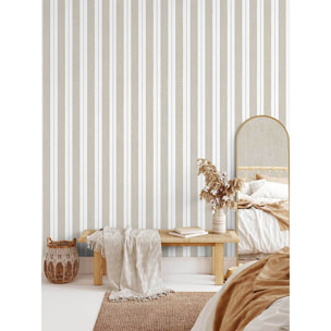 Papier peint rayures tissé lin naturel filet or