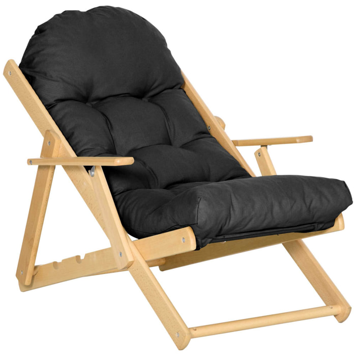 Fauteuil chaise pliable et inclinable en bois grand confort avec coussin capitonné épais - dim. 71I x 89P x 96H cm - noir