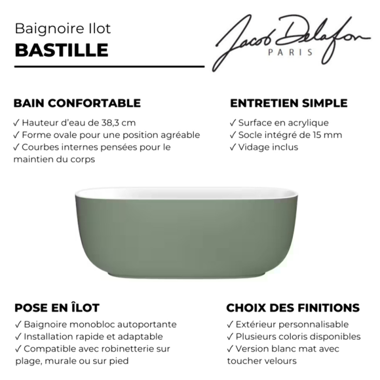 Baignoire îlot 170 x 80 cm Bastille Laque satinée Kaki