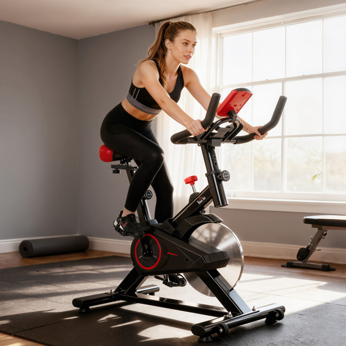 Bicicleta Estática Ciclo Indoor con Pantalla LCD Pulsómetro Sillín y Manillar Ajustables en Altura Volante de Inercia de 6 kg y Resistencia Regulable 85x46x114 cm Negro y Rojo