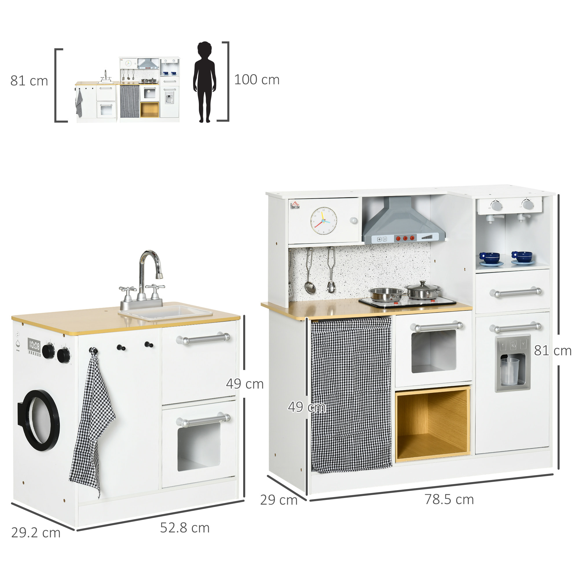 HOMCOM Cucina Giocattolo 2 Pezzi per Bambini 3-6 Anni con Utensili da Cucina, Luci ed Effetti Sonori, in MDF e PP