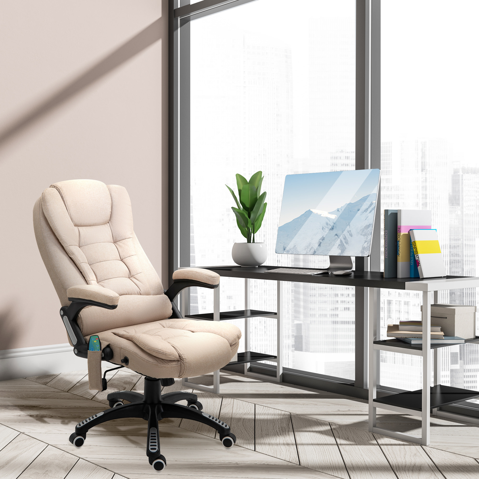 Silla de Oficina con Masaje de 6 Puntos Silla de Escritorio Giratoria con Función Basculante con Calefacción Altura Ajustable Respaldo Reclinable y Mando a Distancia Caqui