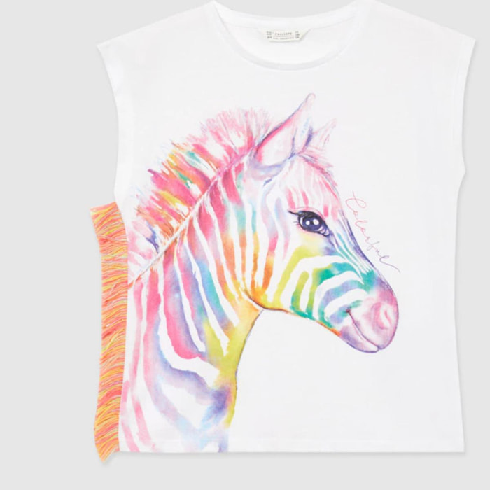 T-shirt stampa zebra con frange