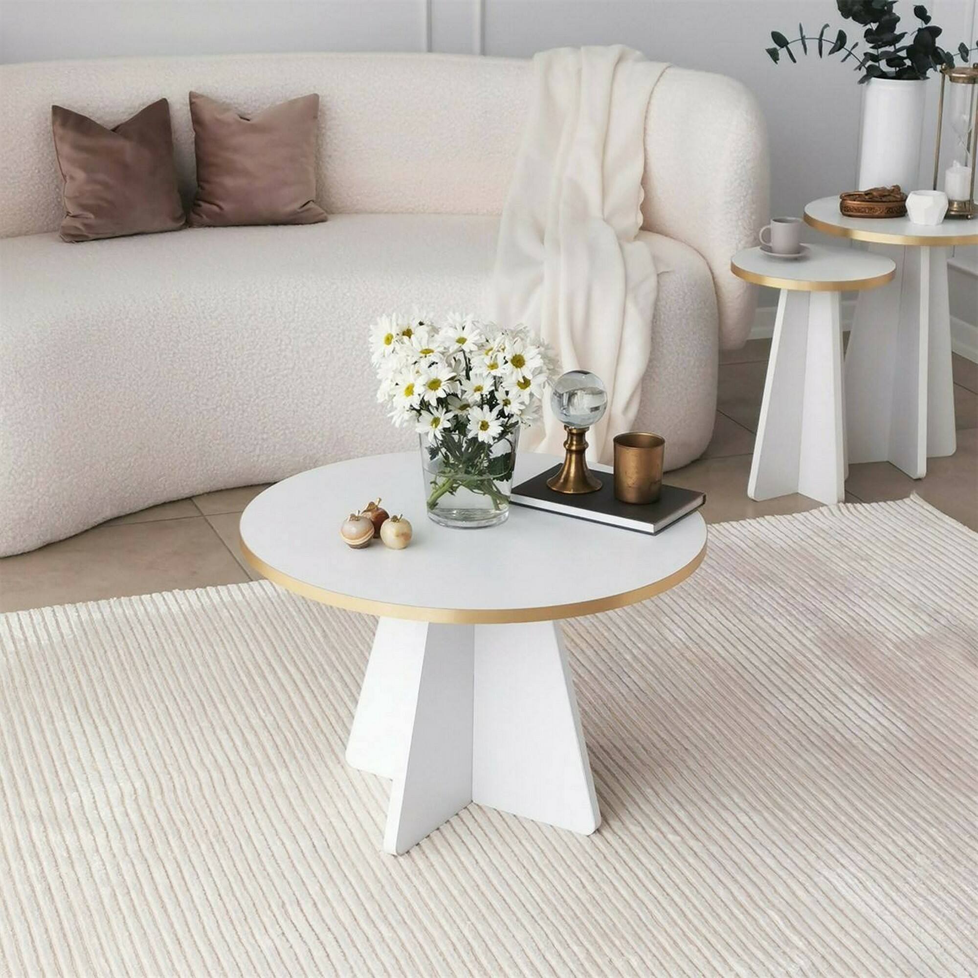 Tavolino da salotto Armanda, Tavolo basso da caffè, Portariviste per divano, Ripiano da soggiorno, 60x60h40 cm, Oro e Bianco