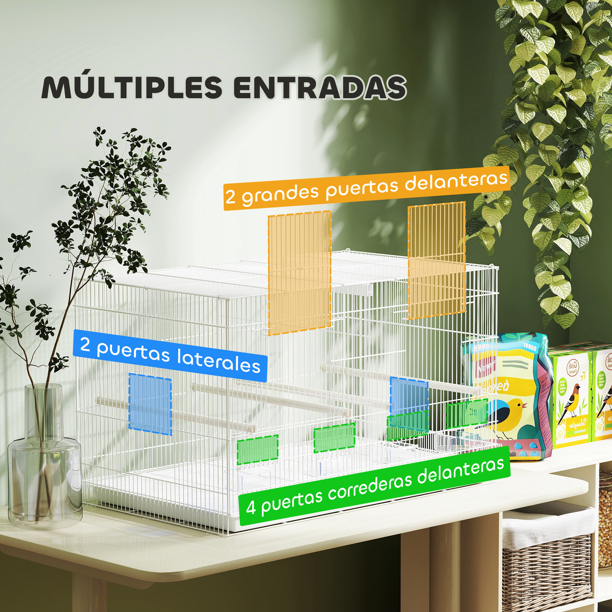 Jaula para Pájaros con Divisor Pajarera con 4 Comederos 4 Perchas y Bandeja Extraíble Jaula para Loros Canarios Periquitos 76x46x46 cm Blanco