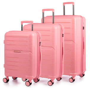 Set di 3 valigie Trolley espandibili, in materiale leggero PP resistente agli urti. Chiusura TSA numerica, 4 ruote doppie girevoli a 360°.