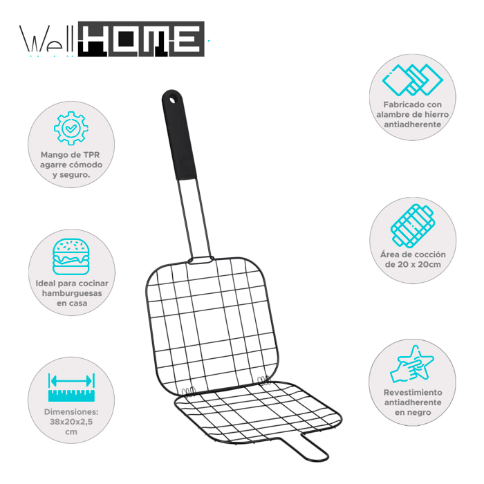 Well home parrilla bbq en alambre de hierro antiadherente 38x20cm