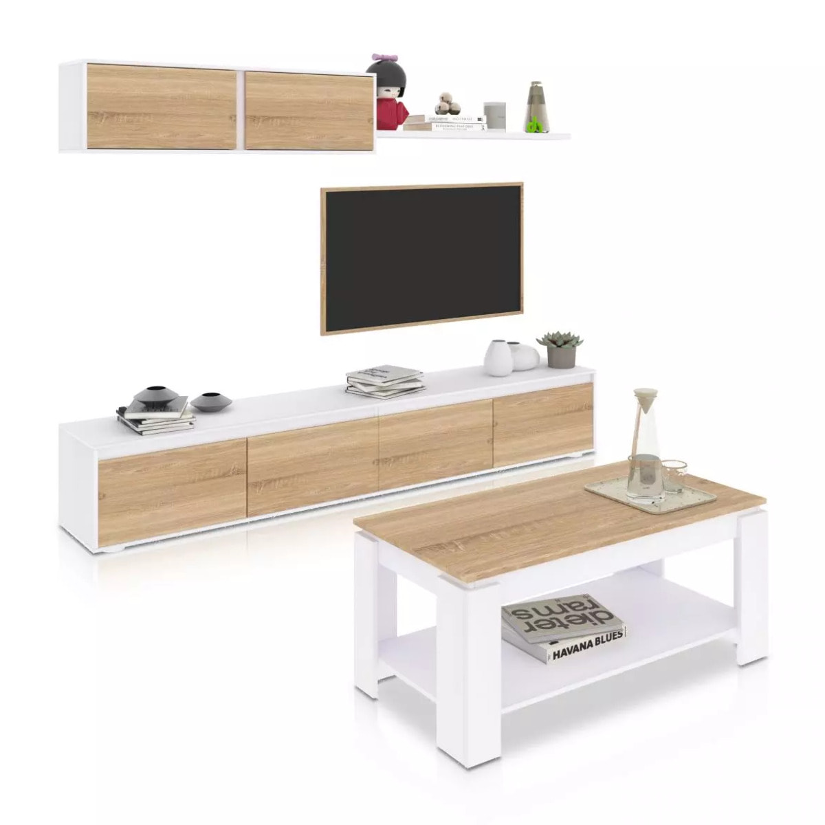 Pack salón con mesa de centro Arlet Plus Blanco Artik (Blanco Mate) - Roble Canadian