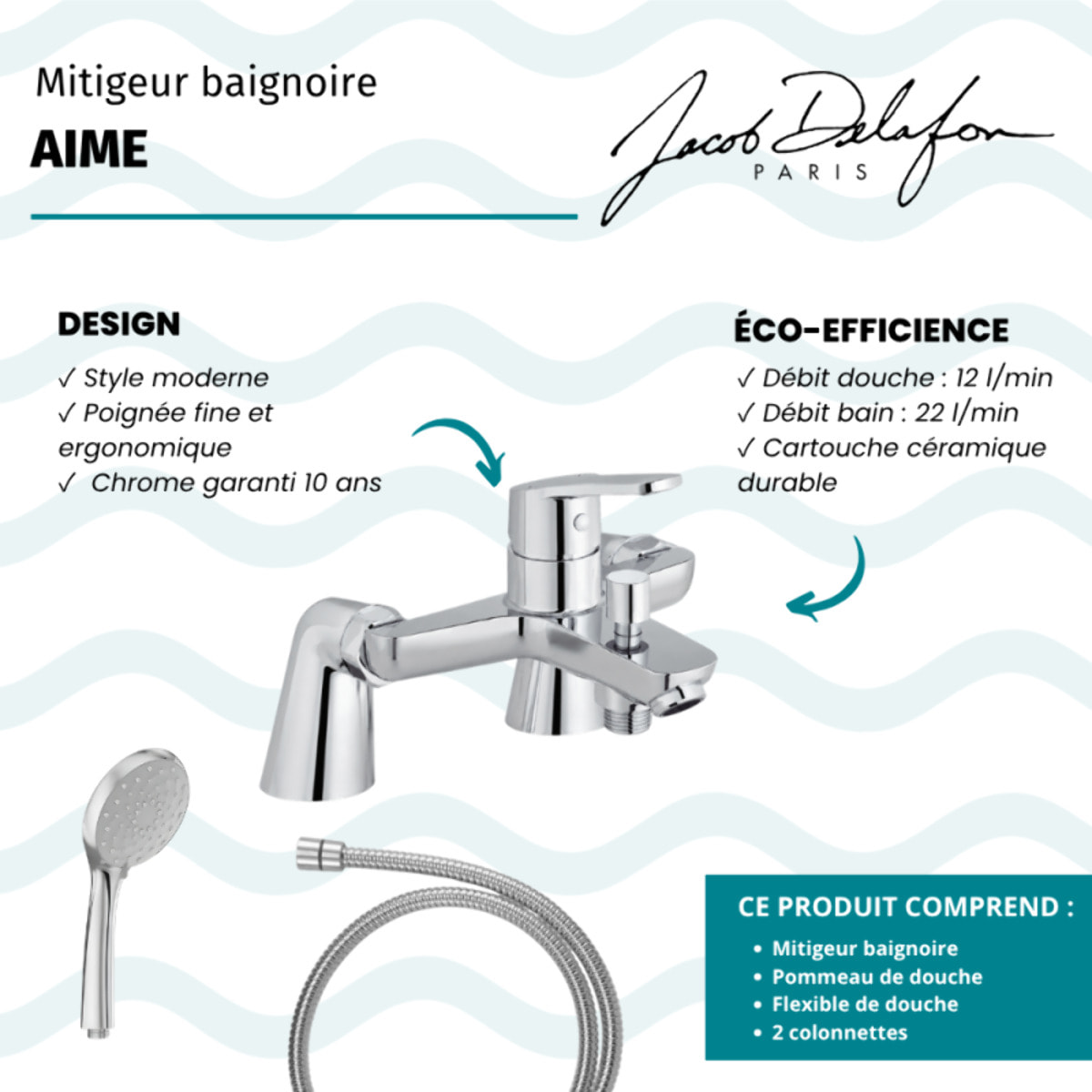 Mitigeur baignoire Aimé + pommeau de douche Awaken + flexible de douche métal + colonnettes