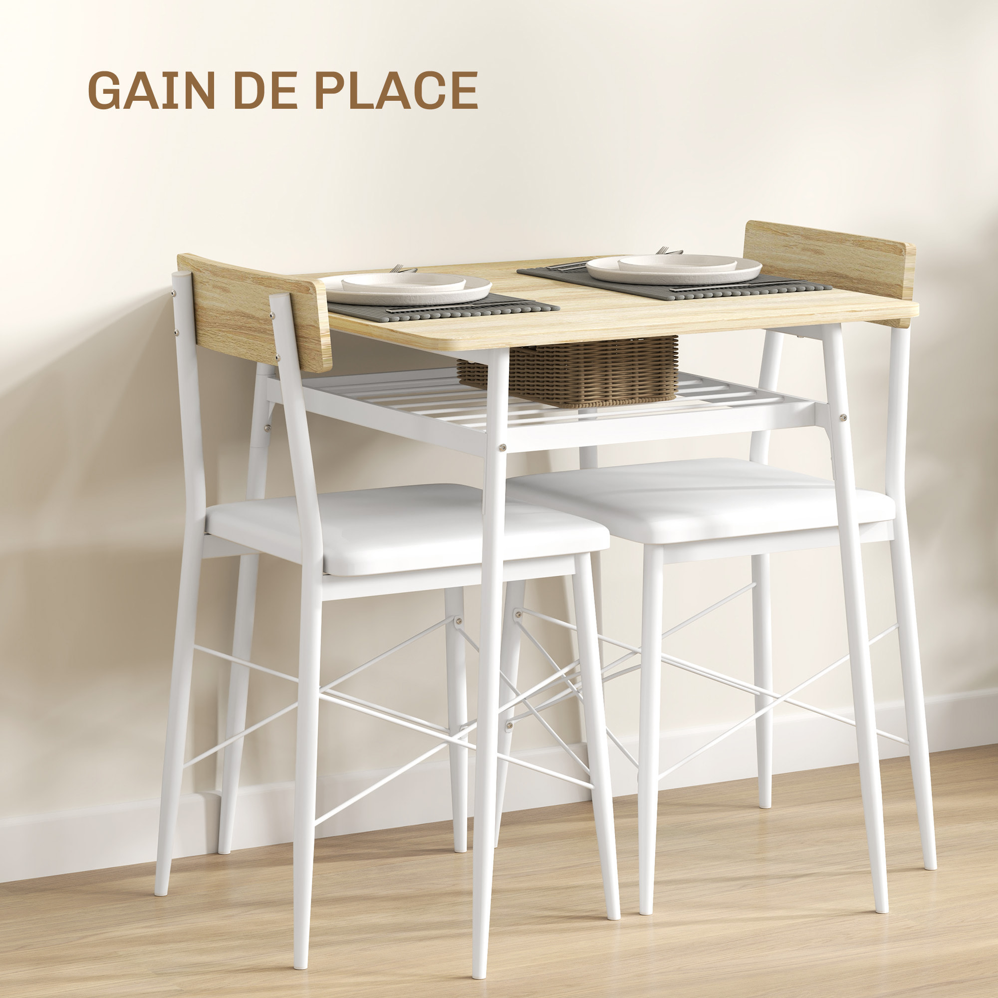 Ensemble table à manger 2 chaises style contemporain cosy - étagère - acier PU blanc aspect bois clair