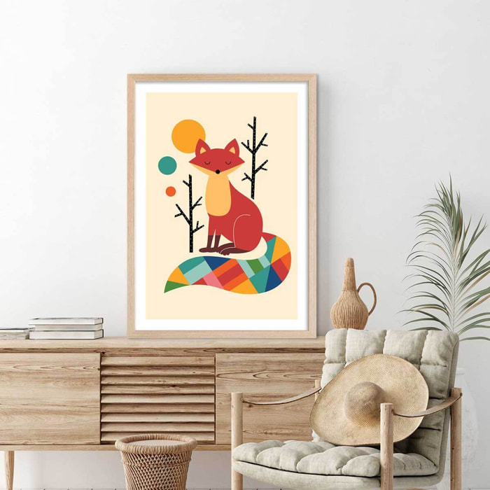 Affiche enfant rainbow fox Affiche + cadre en bois - Chêne