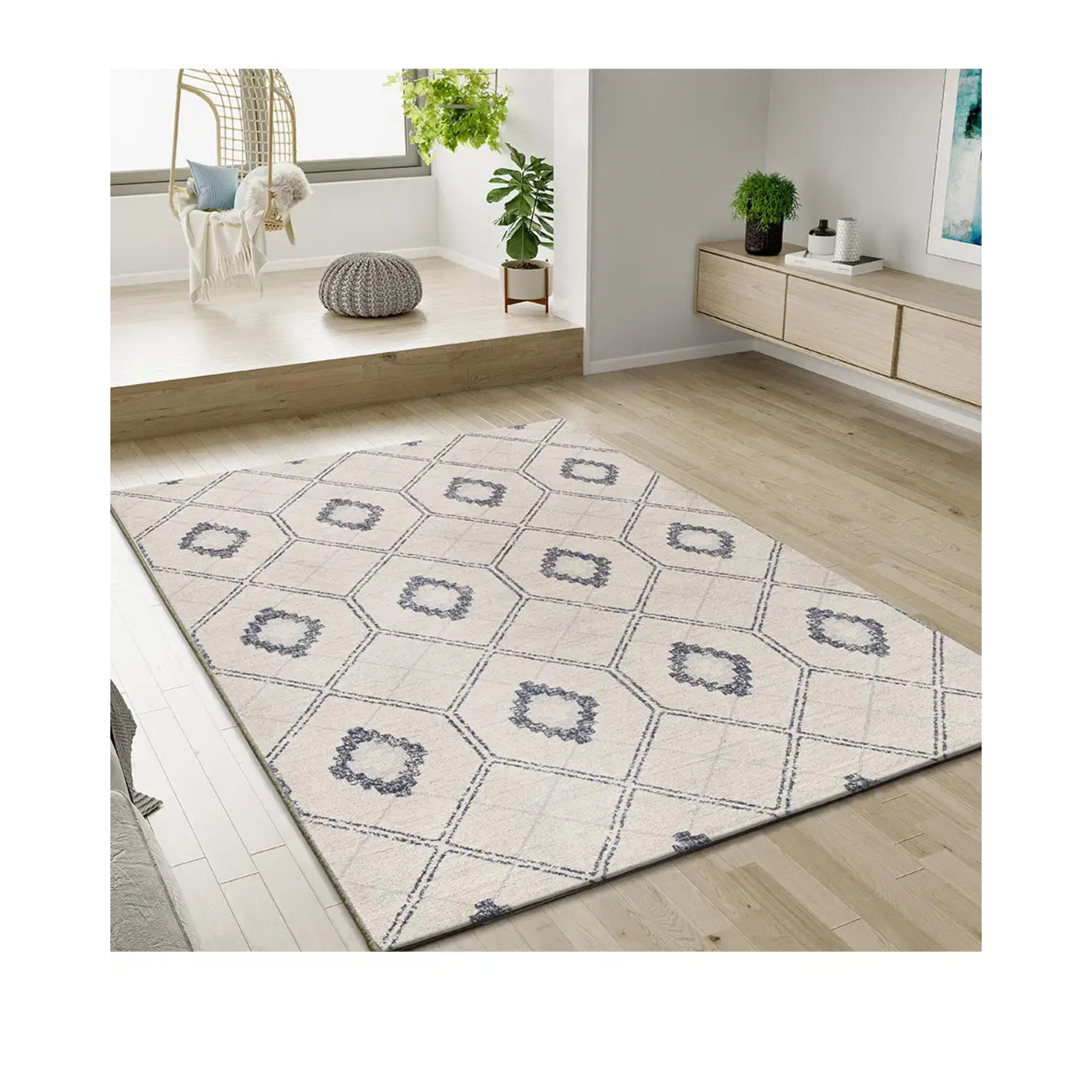 SIROCO Alfombra geométrica de pelo corto azul, varias medidas disponibles.