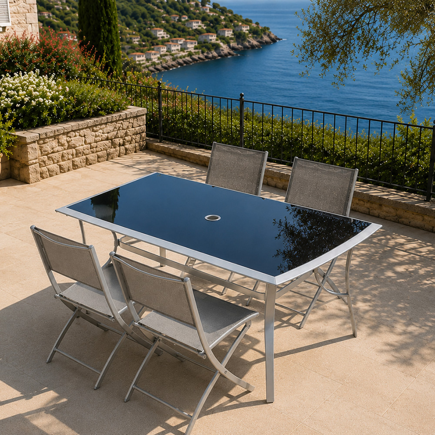 Ensemble de jardin table 150 cm + lot de 4 chaises pliantes DURHAM