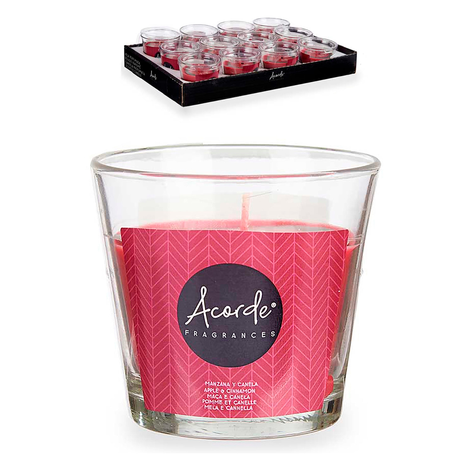 Pack 12 velas vaso, aroma a manzana y canela. Hasta 28h de duración.