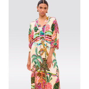 Abito lungo con maniche larghe e stampa di palme multicolore