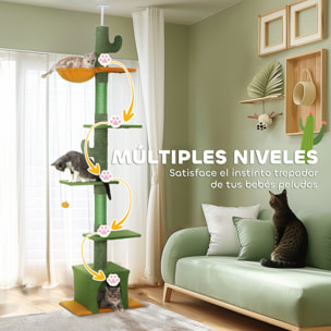 Árbol para Gatos de Suelo a Techo de 230-275 cm, Torre para Gatos con Altura Ajustable, Plataformas, Cueva, Hamaca, Postes de Sisal y Bola de Juguete, Verde