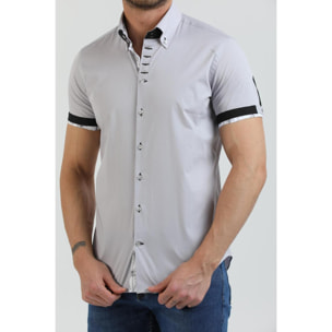 Camicia Uomo Manica Corta 2 Bottoni Button Down 7 Botto Popeline Stretch Unito Grigio