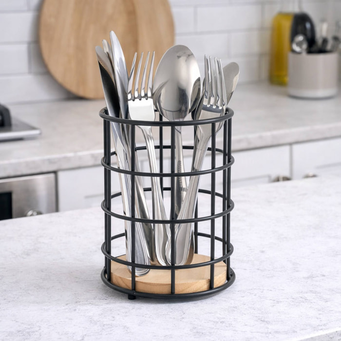 Portautensilios ELIE 11,5x16,3cm - En acero y madera de color Negro