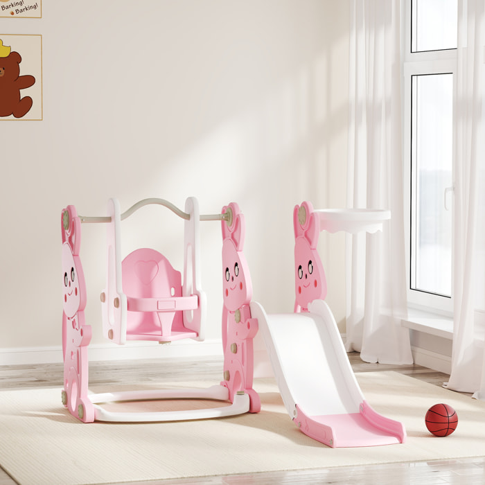 Toboggan balançoire panier basket enfant 3 en 1 design lapin HDPE blanc rose