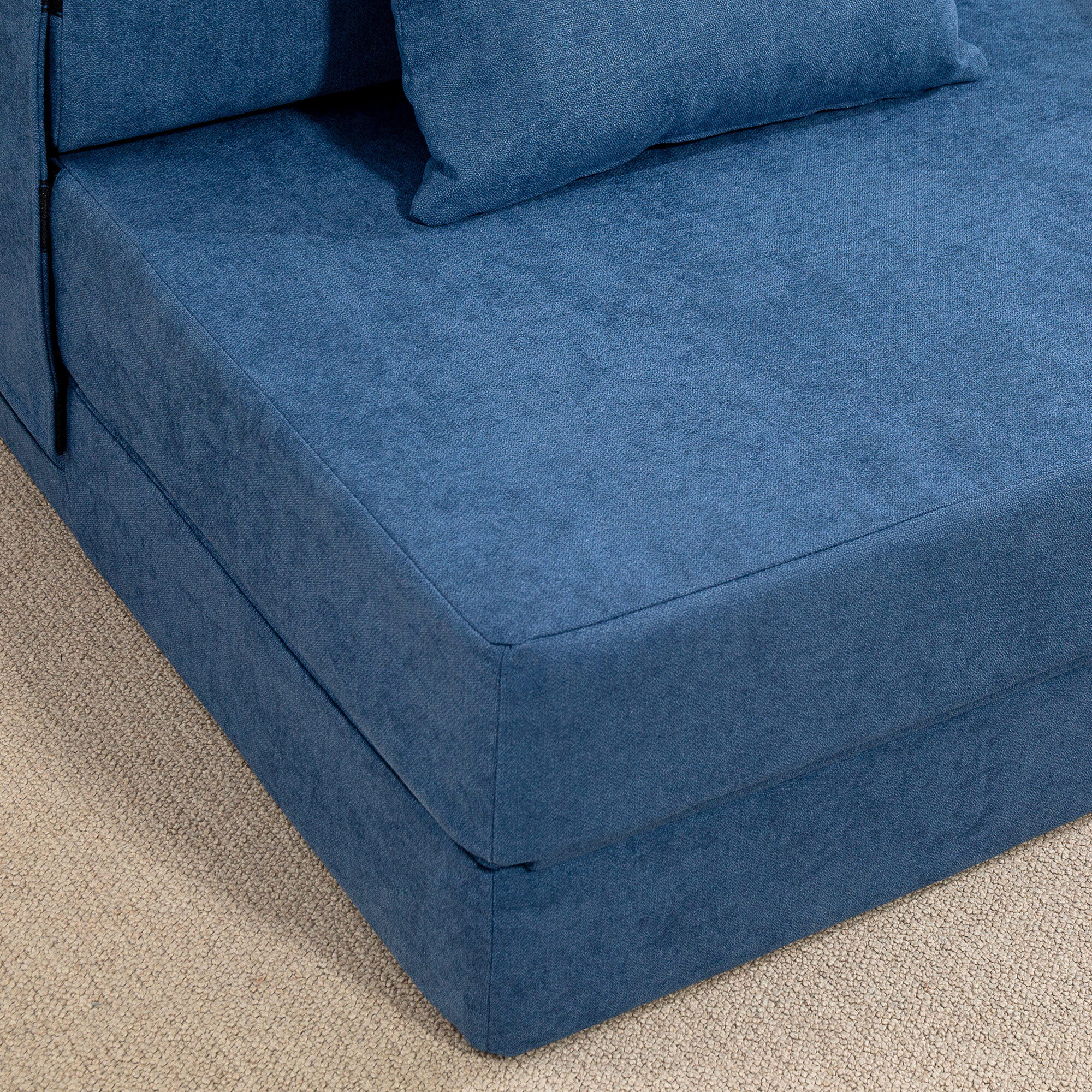 Chauffeuse futon grand confort avec coussin tissu toucher lin bleu