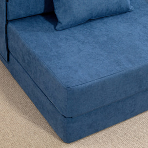 Chauffeuse futon grand confort avec coussin tissu toucher lin bleu