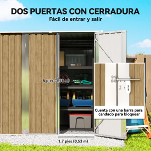 Caseta de Jardín Exterior 1,37 m², 163x89x163 cm, Cobertizo de Jardín Exterior Metálico con Techo Inclinado, Puertas con Pestillo y Guantes para Almacenamiento de Herramientas, Marrón Claro