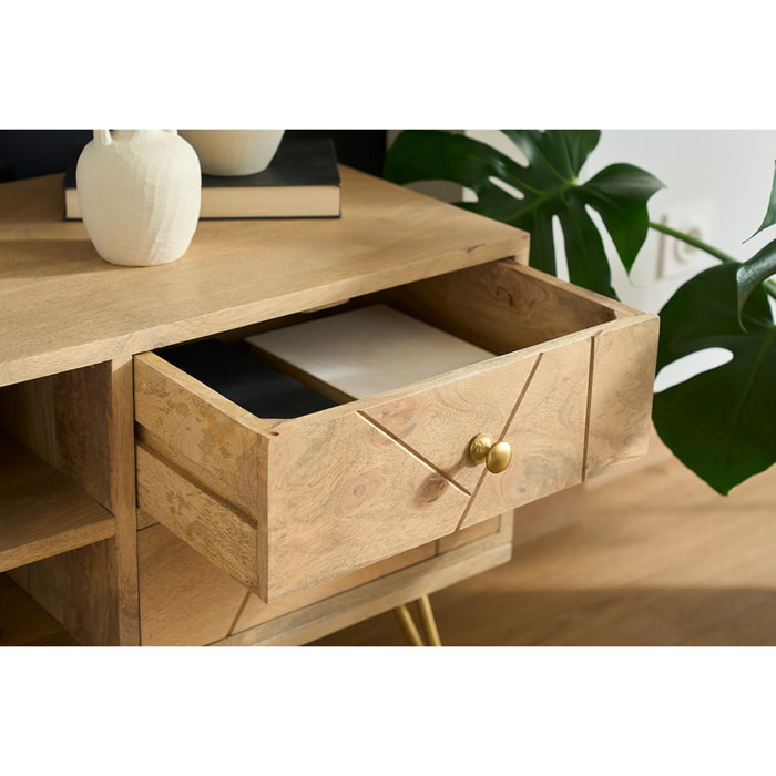 Meuble TV gravé en bois manguier massif et métal L130 LINIUM