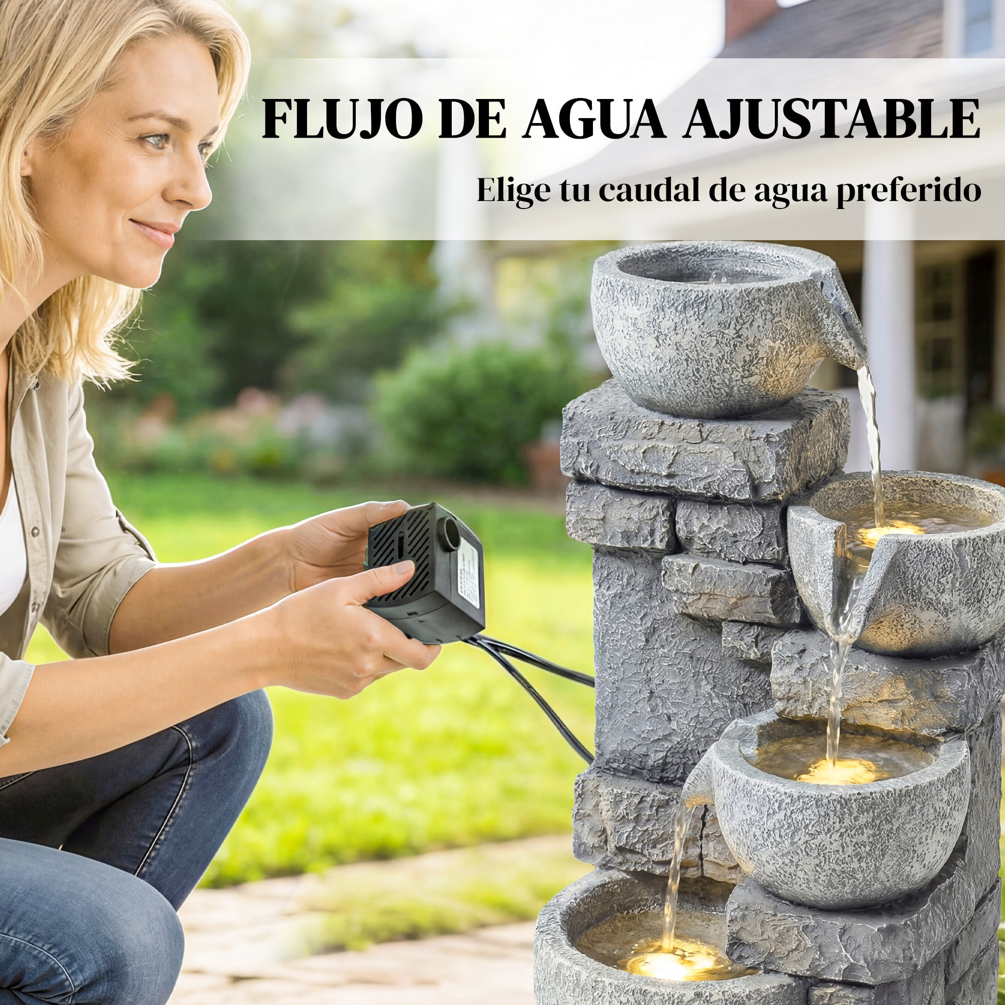 Fuente de Agua Decorativa con Iluminación LED y Bomba, Fuente de Jardín Exterior en Cascada de 4 Niveles, Flujo Ajustable, Resistente a la intemperie, para Jardín, Terraza, Patio, Gris