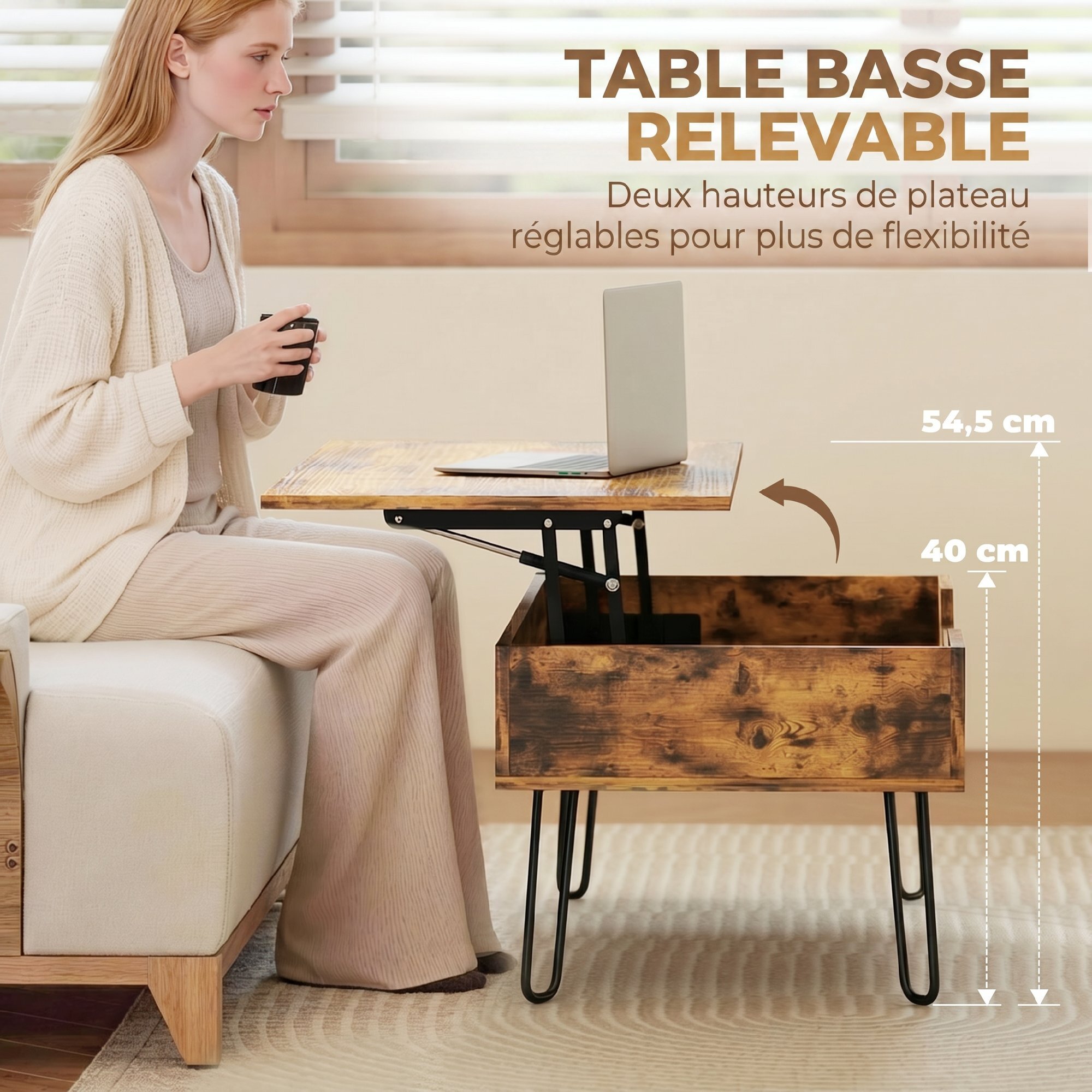 Table basse relevable design industriel métal noir effet bois vieilli