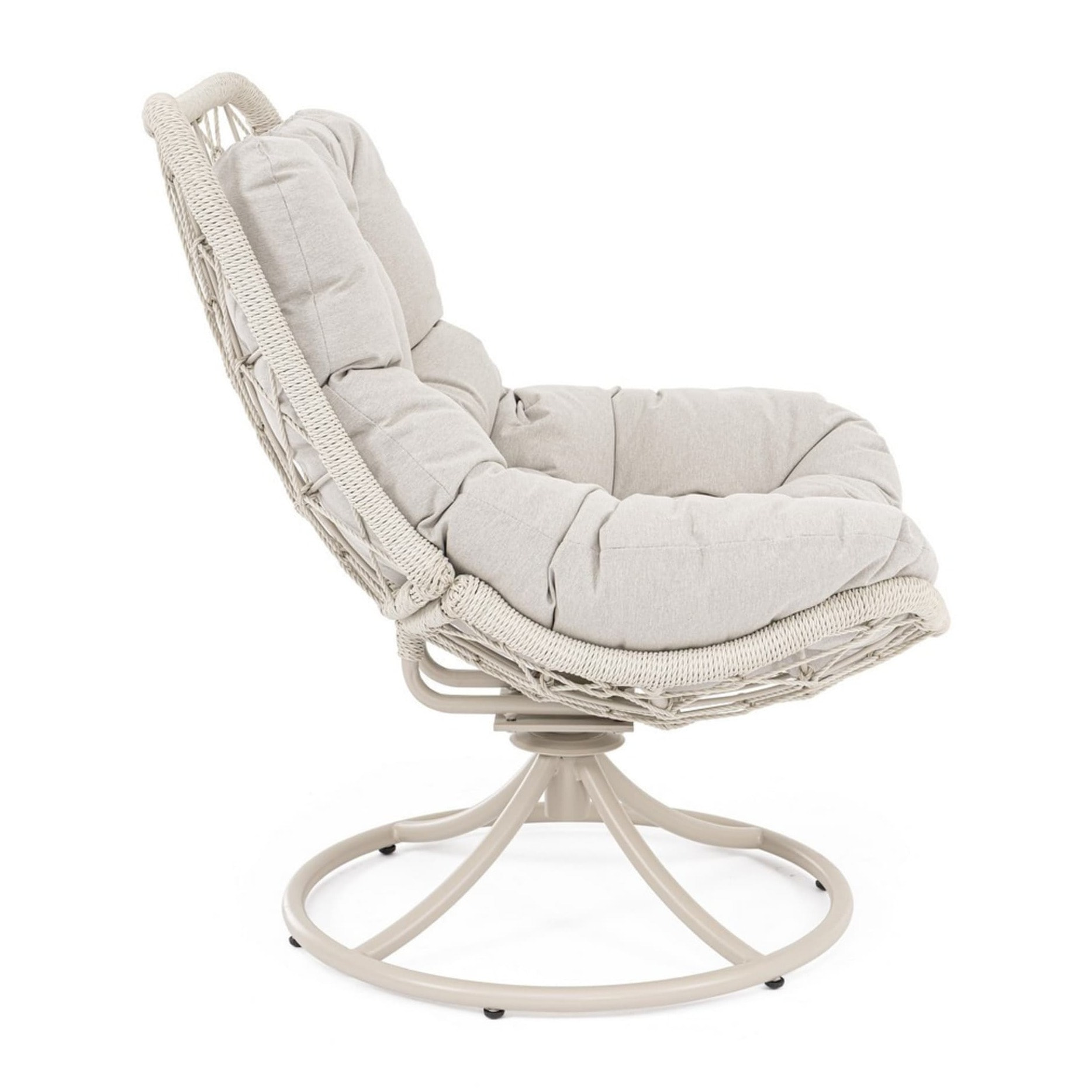 Poltrona girevole da giardino VIGO beige chiaro con intreccio in fibra sintetica e cuscino