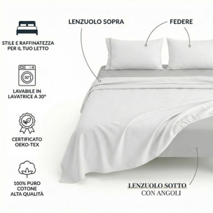 Completo lenzuola singolo in cotone bicolore morbido e traspirante, set letto con lenzuolo sopra, sotto con angoli e federa, design con piping a contrasto elegante, resistente e leggero 116 gsm, certificato OEKO-TEX