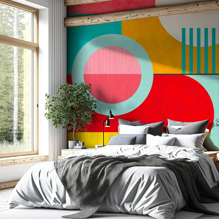 Papier peint formes géométriques rétro multicolore design abstrait Intissé