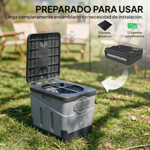 Inodoro Portátil, WC Portátil de PP con 12 Paquetes de Agente Solidificante y 12 Bolsas, Carga 100 kg, Inodoro Plegable para Exterior, Camping, Acampar, Senderismo, 34x29x30 cm, Gris Oscuro