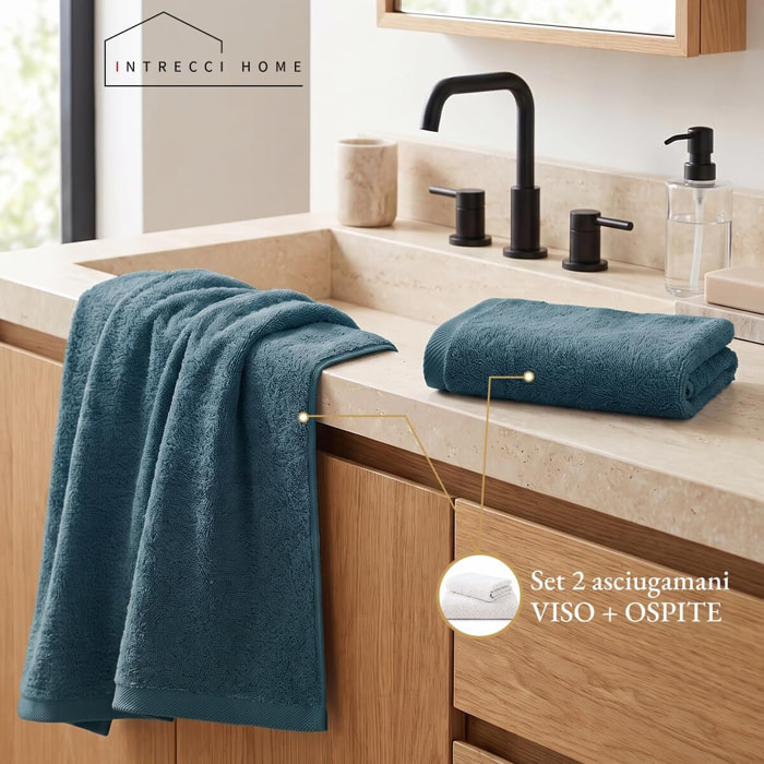 INTRECCI HOME Set Bagno Asciugamani Viso e Ospite, in Puro Cotone 500 g, Morbidezza Extra, Assorbenza Superiore