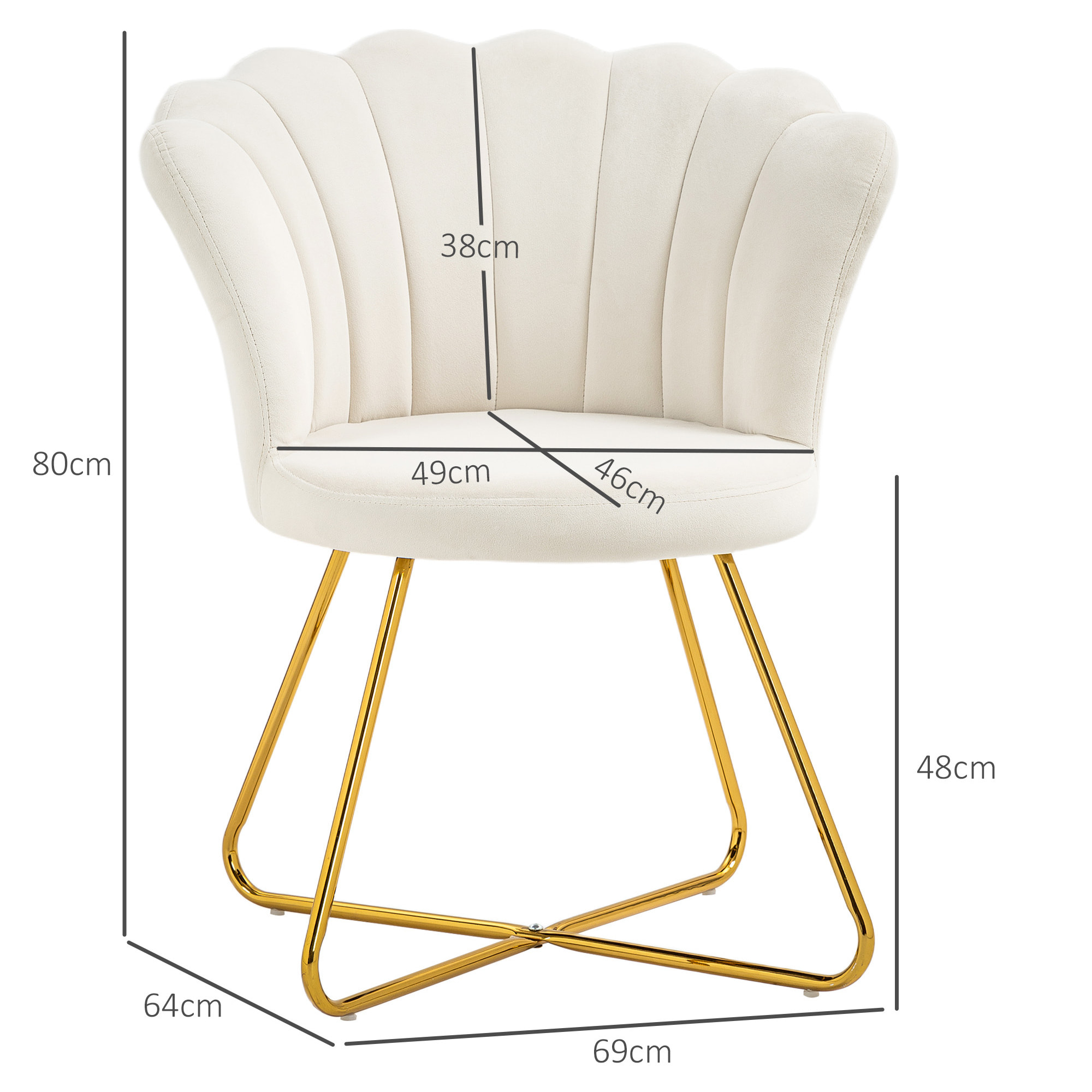 Fauteuil design coquillage piètement acier doré velours crème