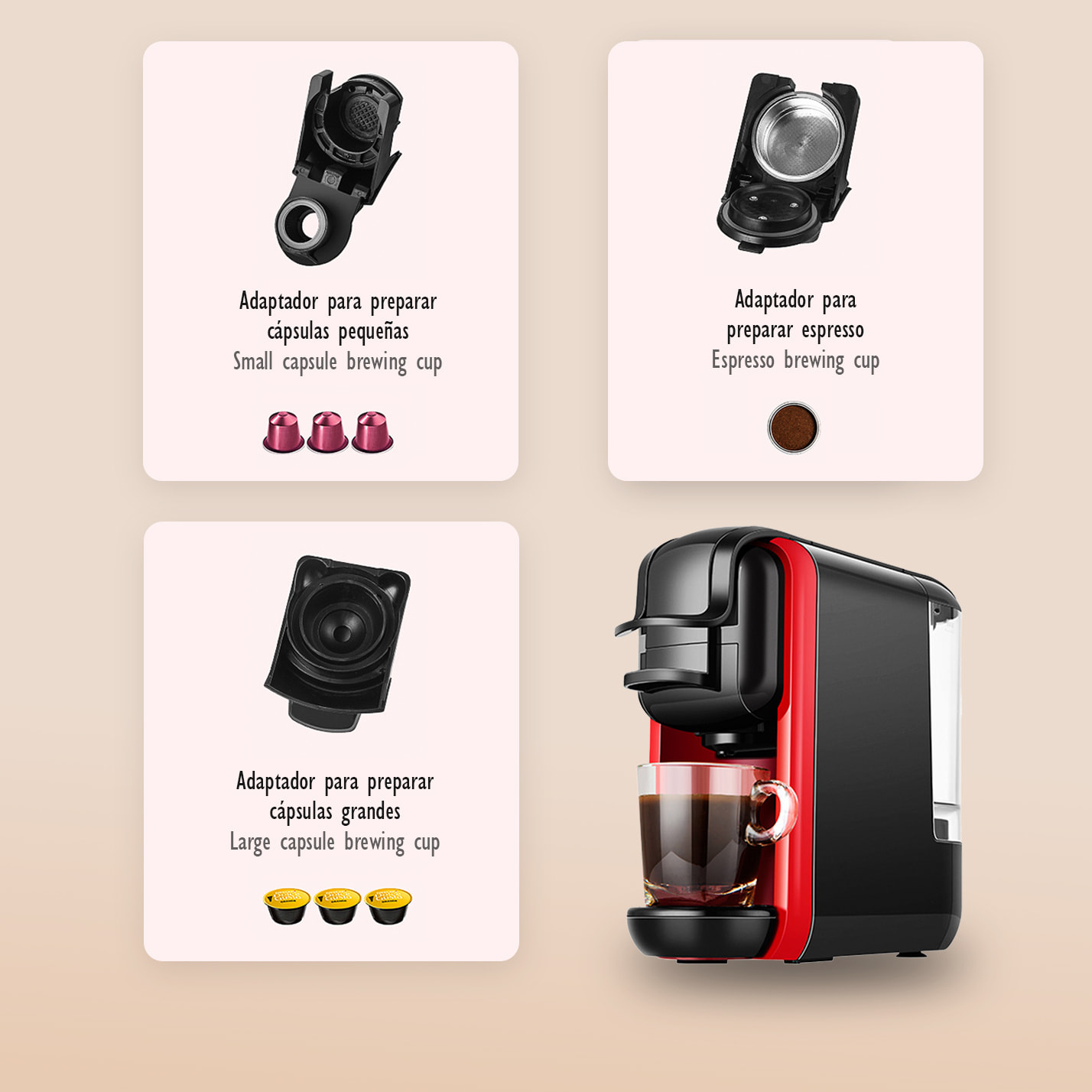 Cafetera multifunción de 1450 W y 19 bar, compatible con cápsulas y café molido. Con depósito de agua extraíble de 0,6 L.