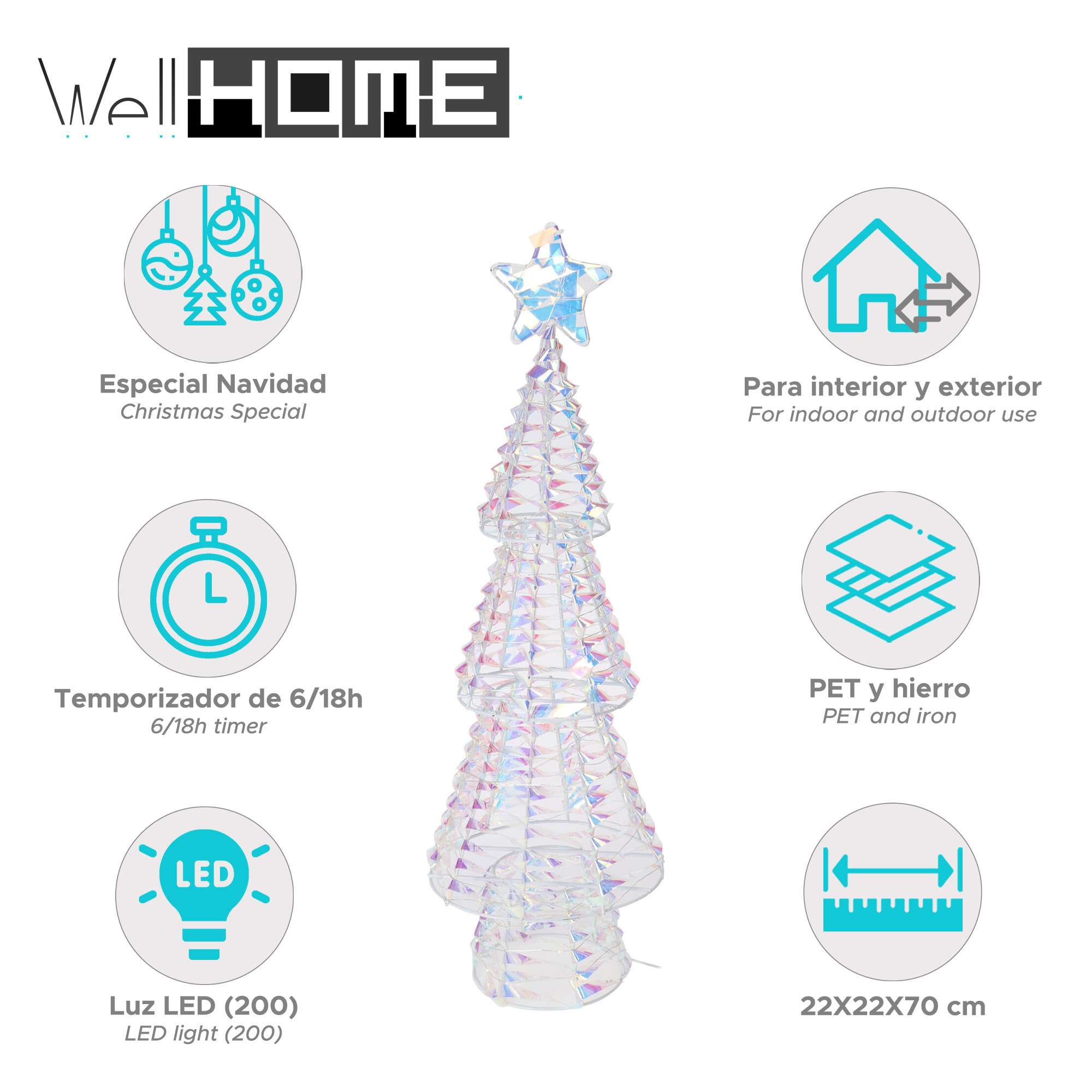 árbol metalico decorativo con 200 micor led de diseño retorcido 22x22x70cm