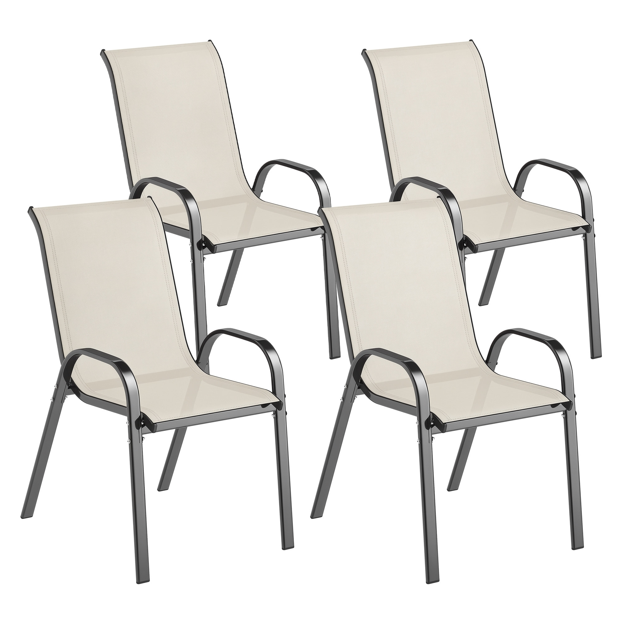Juego de 4 Sillas de Jardín Exterior, Sillas Terraza Exterior Apilables, Sillas de Jardín con Tela Transpirable, Marco de Acero, Reposabrazos y Respaldo, 54x71x93 cm, Beige y Negro