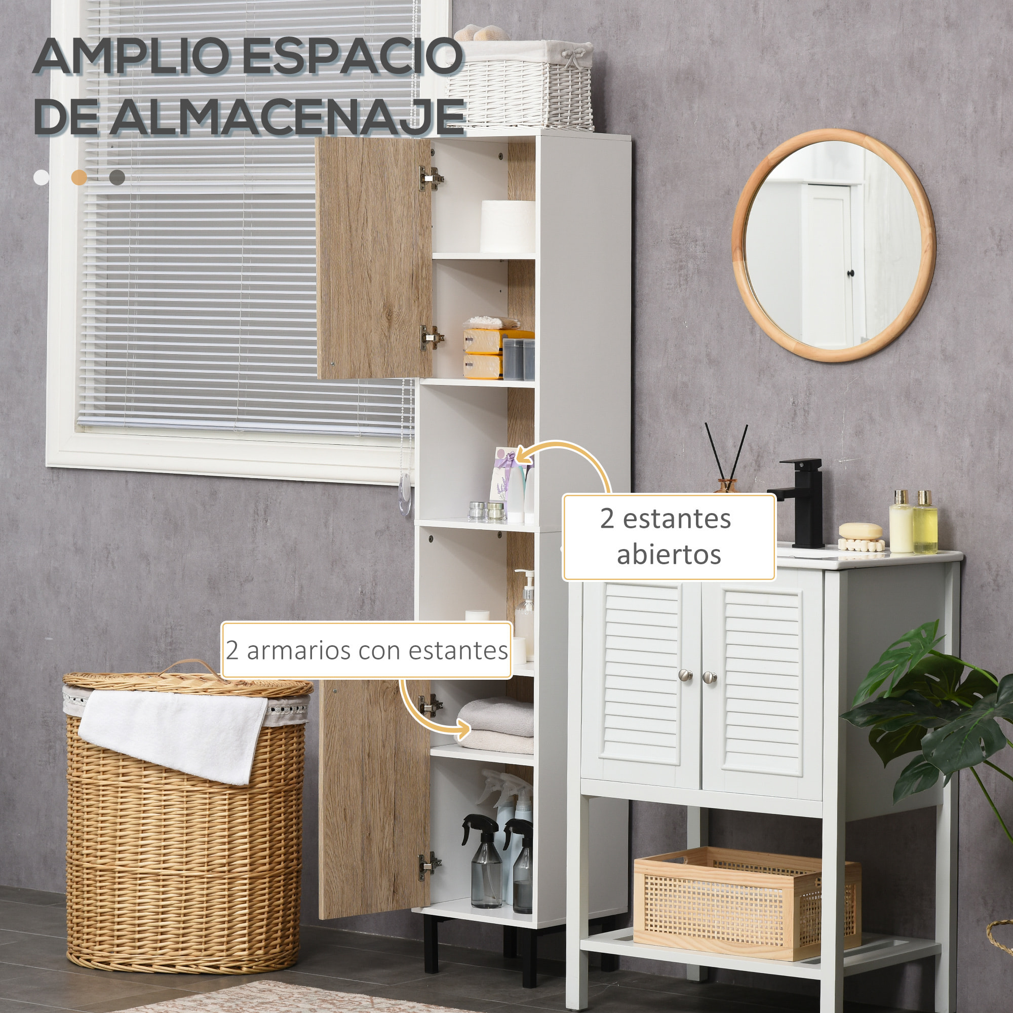 Armario Alto de Baño Columna Auxiliar de Baño con 2 Puertas y 6 Estantes para Ducha Aseo Dormitorio Estilo Moderno 31,5x30x169 cm Blanco y Roble