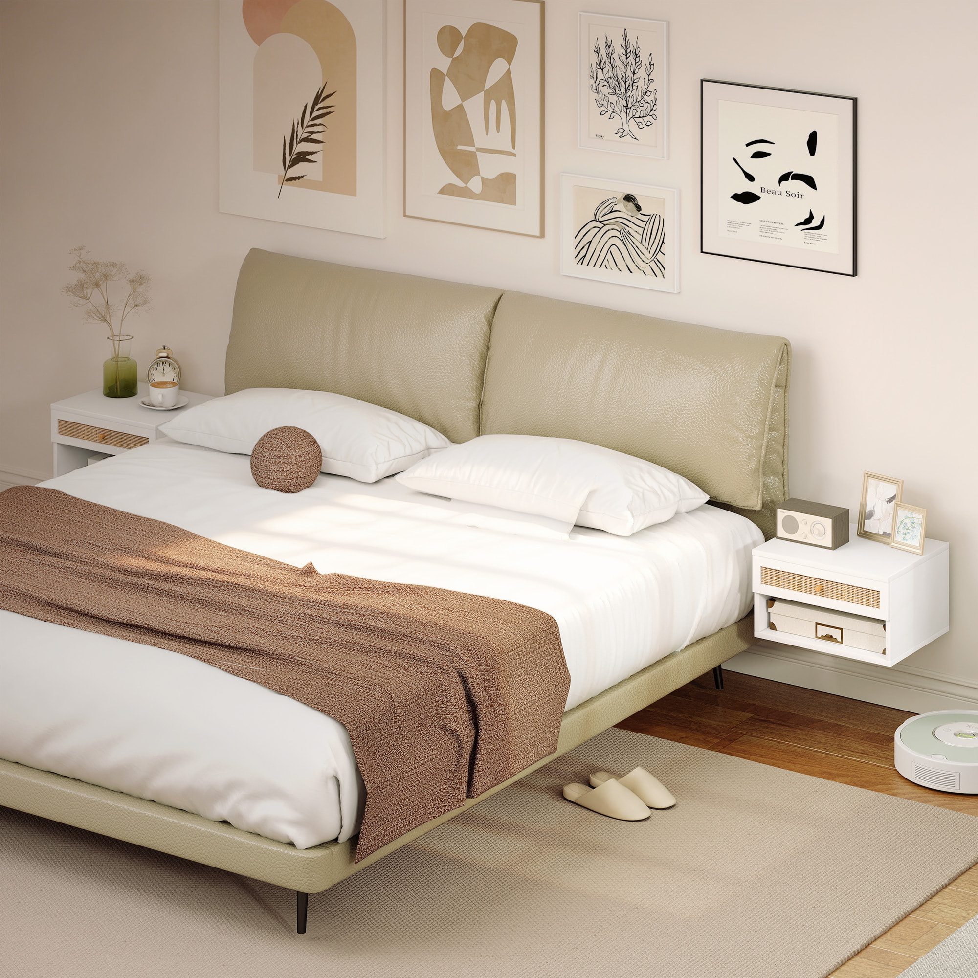 Juego de 2 Mesitas de Noche Flotantes de Pared con Cajón de Ratán y Estante Abierto, Mesillas de Noche Dormitorio de Estilo Nórdico, para Sala de Estar, 40x34x23 cm, Blanco