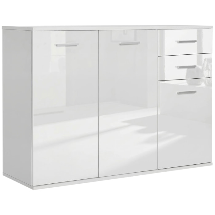 Buffet 2 tiroirs coulissants 2 placards étagère réglable panneaux blanc laqué