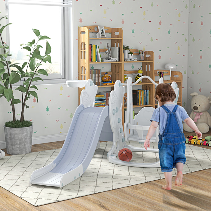 Portique enfant toboggan et balançoire avec panier de basket-ball - aire de jeux 3 en 1 - usage intérieur extérieur - blanc gris