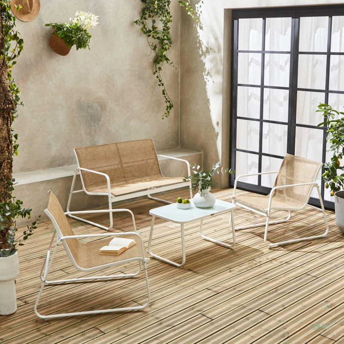 Salon de jardin en métal et textilène pour 4 personnes. blanc et naturel. design