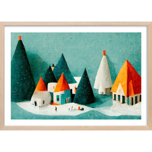Affiche enfant petit village de neige  Affiche + cadre en bois - Chêne