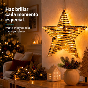 Estrella navideña led dorada para colgar con 30 microled blanco cálido, con temporizador 40x9x40 cm